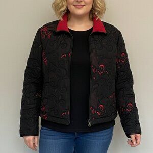Embroidered Crop Moto Jacket Black Red Size 14